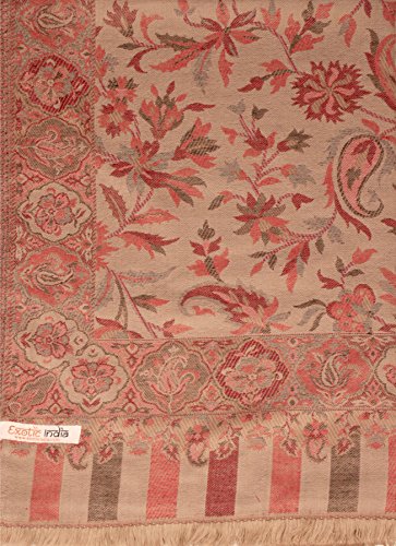 Exotic India Women Reversible Jamawar Wool Shawl with Woven Flowers | Ethnic Beautiful Floral Weave Stole, Dupatta - color: Sandshell