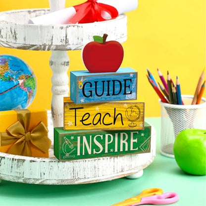 Yuntau 4 Pcs Teacher Appreciation Gift Wooden Apple Table Decoration Guide Teach Inspire Block Sign Apple Tiered Tray Decor Graduation Back to School Teachers Gift for Office Classroom - style: Apple