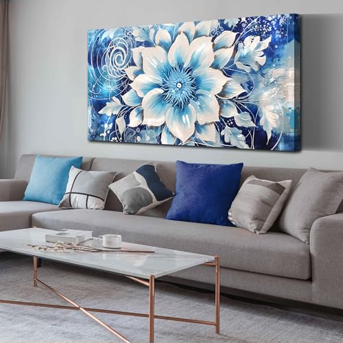 Flower Picture Wall Decor for Bedroom Large Blue Flower Canvas Wall Art for Office Framed Floral Wall Art for Living Room Ready To Hang Size 40 x 20 Inch - color: Blue1, size: 40"L x 20"W