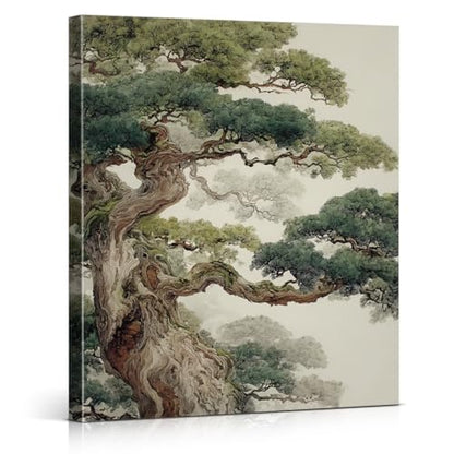 Ancient Pine Tree Wall Art Decor Japanese Nature Poster Painting Zen Botanical Wall Decor for Home Bedroom Living Room 8x10 Inch Canvas Framed