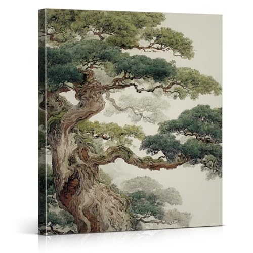Ancient Pine Tree Wall Art Decor Japanese Nature Poster Painting Zen Botanical Wall Decor for Home Bedroom Living Room 8x10 Inch Canvas Framed