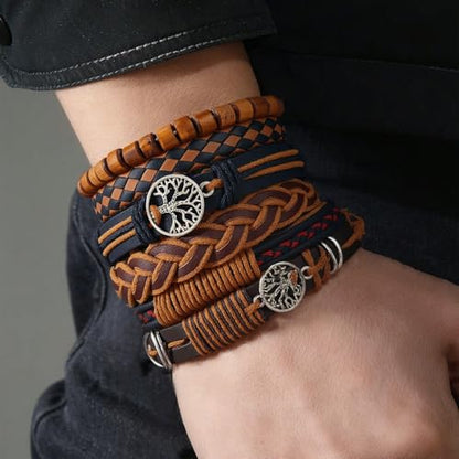 6Pcs Braided Bracelets for Men Women Wrap Wood Beads Cuff Handmade Wrap Wristband Bracelets Set Adjustable