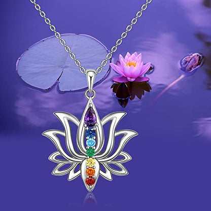 Chakra Necklaces for Women Lotus Flower Necklace Sterling Silver Mandala Yoga Lotus Pendant 7 Chakra Jewelry Gifts