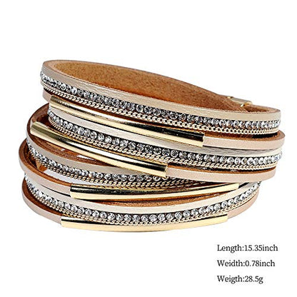 Artilady Leather Wrap Bracelets for Women - Pearl Bracelets Handmade Clasp Bangle Bracelet with Beads Jewelry Gift for Women and Mother - style: Light Brown with Gold bar