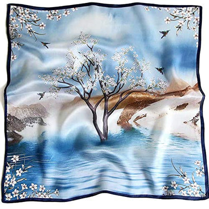 ANDANTINO 100% Mulberry Silk Scarf -21” Lightweight Square Neckerchief – Breathable Digital Printed Scarves with Gift Packed - color: Flower&tree