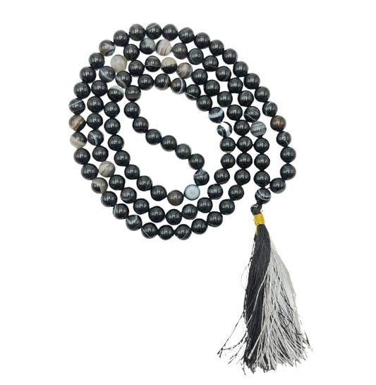 GEMSCITE Japa Mala 108 Prayer Beads Perfect for Meditation Spiritual Mala Necklace & Wrist Mala Bracelet - color: Black Banded Agate, size: Without Knots