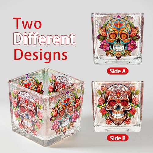 Votive Tealight Candle Holder, Square Glass Vase for Table Centerpiece Decor, Multi-Purpose Glass Cup for Home Tabletop Decor, 3.1 x 3.1 x 3.1 in Day of the Dead
