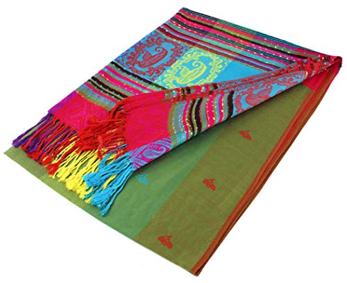 PASKMLNA Double Side Multi Colors Silky Tropical Colorful Exotic Pashmina Wrap Shawl Scarf Rave - color: #4olive Green