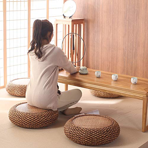 Japanese Style Rattan Floor Cushion - 6.7" Thick Hand-Woven Straw Tatami Floor Pillow & Meditation Seat - Round Pouf Ottoman with Sponge Filling for Yoga, Zen Room, Balcony (15.7 Inch)