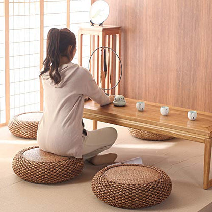 Japanese Style Rattan Floor Cushion - 6.7" Thick Hand-Woven Straw Tatami Floor Pillow & Meditation Seat - Round Pouf Ottoman with Sponge Filling for Yoga, Zen Room, Balcony (15.7 Inch)
