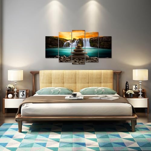 FuShvre Zen Wall Art Canvas Waterfall Pictures Teal and Orange Art for Zen Meditation Room Wall Decor Framed Large Size