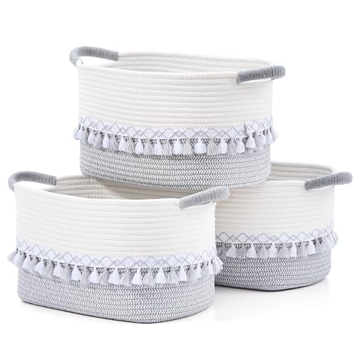 Woven Baskets, 3-Pack Storage Basket for Living Room, Bedroom, Nursery, Stylish Gift Basket with Handles, Cotton Rope Basket for Toys and Shelves, Multi-Purpose Organizer, Gray - color: Gray