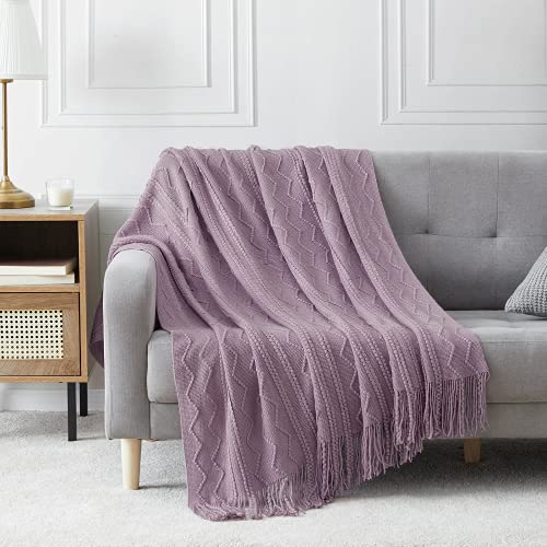 BOURINA Light Lavender Throw Blanket 50x60 Inches Throw Textured Solid Soft Sofa Couch Decorative Knit Blanket - color: Light Lavender, size: 50"x60"