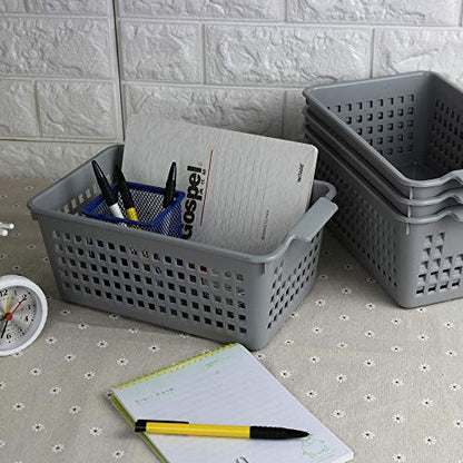 Plastic Storage Baskets Set, Grey, 4 Packs Small Desktop Storage Basket Bin - size: shelf baskets