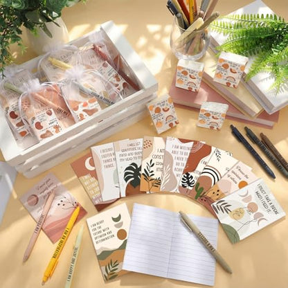 Mooliwe 24 Sets Mother's Day Positive Affirmation Gifts Bulk, Boho Self Care Package-pocket Tissues, Notepads, Ballpoint Pens & Organza Bags, Encouragement Gifts for Mom, Employees, Teachers, Coworker