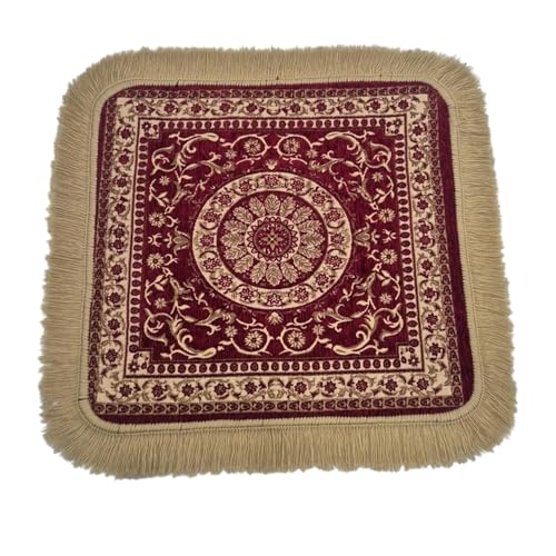 Soft Chenille Prayer Mat | Traditional Mandala Floral Pooja Aasan with Golden Fringes | Multipurpose Square Rug for Meditation, Yoga, Puja Room & Home (Red, 2x2 Feet) - color: Red, size: 2x2 Feet