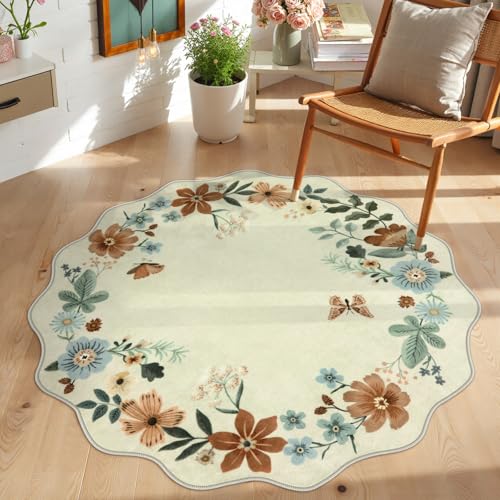 Lahome Floral Round Area Rugs, Washable Small Round Rug 3ft Non-Slip, Soft Boho Ultra-Thin Circle Carpet for Bedroom Entryway Kitchen Laundry Bathroom Flore, Beige - color: Beige, size: 3'（Round）