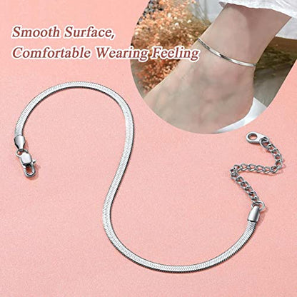 FindChic Elegant Herringbone Snake Chain Anklets/Bracelets 3MM/5MM Width Stainless Steel/18K Gold/Rose Gold Plated/Black 4 Color Options, 8.3'' 8.5'' 10.5'' Length, with Gift Box - color: A: 3mm 8.5'' anklet (Stainless Steel)