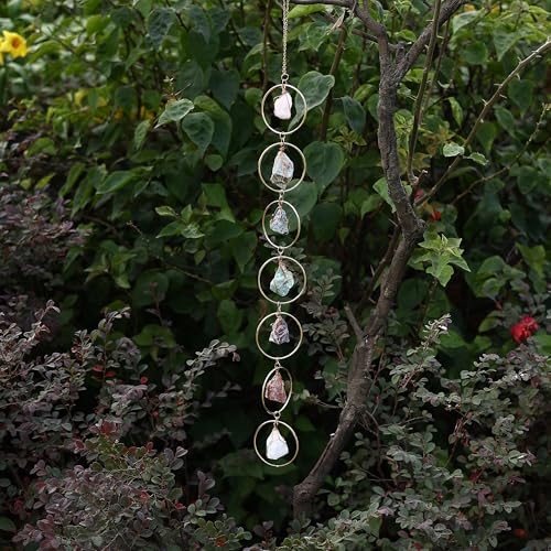 Natural Raw Crystal Wall Decor, Healing Chakra Gemstone Hanging Ornament, Raw Stone Hanging Decoration for Home Window Entryway Hallway Feng Shui Yoga Meditation Car Handmade Gift