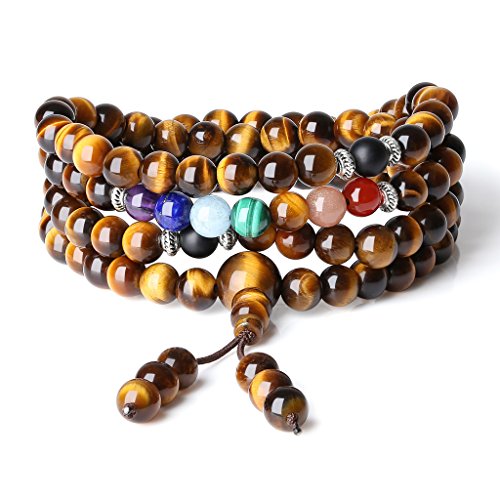 COAI 108 Japa Mala 7 Chakra Stone Wrap Bracelet Necklace - style: Tiger Eye
