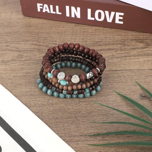Mikovivi Beaded Bracelets for Women, Multilayer Boho Western Turquoise Bracelets Stackable Bohemian Bead Elastic Jewelry Gifts for Women Men