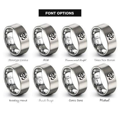 Yoga Om Symbol Ring - Gift for Meditation Fan - Personalized Custom Engraving - Anniversary Wedding - 8mm - Band - Brushed Polished - Tungsten - Flat Dome Bevel - Men Women - Yellow Rose Gold Silver - color: 13 - Grey Tungsten