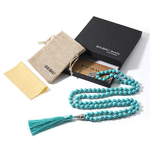 108 Mala Beads Necklace Semi-Precious Gem Stones Meditation Necklace 108 Hand Knotted Japa Mala Beaded Tassel Necklace with Tree of Life Pendant - color: Natural Turquoise