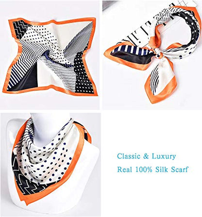 ANDANTINO 100% Mulberry Silk Scarf -21” Lightweight Square Neckerchief – Breathable Digital Printed Scarves with Gift Packed - color: Black& Orange Geometric