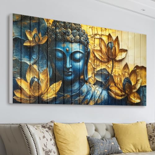 llribbons Vintage Buddha Wall Art Zen Lotus Flowers Canvas Ribbon Pictures Inspirational Wall Decor Handmade 3D Woven Textured for Buddhism Room Bathroom Bedroom Living Room Home Decor 20" x 40" - color: Gold, size: 40"L x 20"W