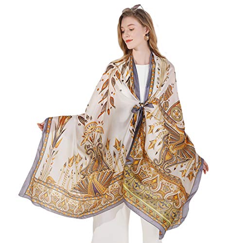 DANA XU Women's 100% Mulberry Silk Pashmina Shawl and Wraps Extra Large Floral Scarf for Evening Dresses, Soft Oversized - color: Beige Gold Ornamental