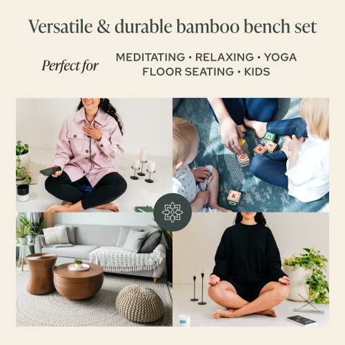 Bamboo Bench and Zabuton Meditation Mat Bundle - Small Kneeling Meditation Bench with Locking Magnetic Hinges - Wooden Kneeling Ergonomic Bamboo Seiza and Mat for Meditation