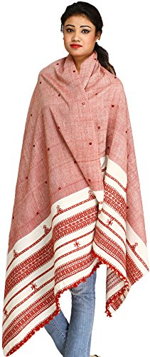 Exotic India Shawl from Kutch with Embroidered Mirrors - Pure Wool - color: Ash Rose