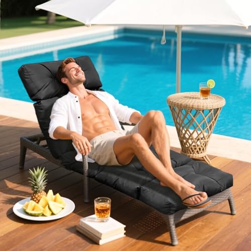 Outdoor Chaise Lounge Chair Cushion 75.1 x 23.6 x 4.7in, Waterproof Replacement Cotton Patio Thickened Pool Lounge Chair Cushion with Ties for Patio Outdoor Furniture,Black - color: Black