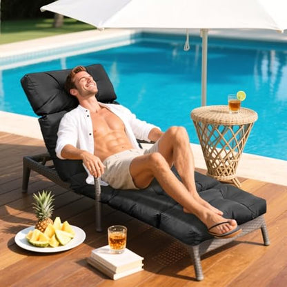 Outdoor Chaise Lounge Chair Cushion 75.1 x 23.6 x 4.7in, Waterproof Replacement Cotton Patio Thickened Pool Lounge Chair Cushion with Ties for Patio Outdoor Furniture,Black - color: Black