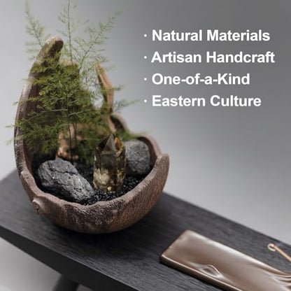 Moonlit Mountains Décor Set – Zisha Crescent Planter, Dehua Mountain Incense Holder, Paulownia Wood Tray, Citrine & Fern – Meditation, Feng Shui, Mindfulness Gift for Home & Office - style: Moonlit Mountains