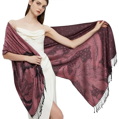 Pashmina Shawl Wrap with Ethnic Paisley Two Tone Jacquard Scarf for Women - color: Feather-powder Pink