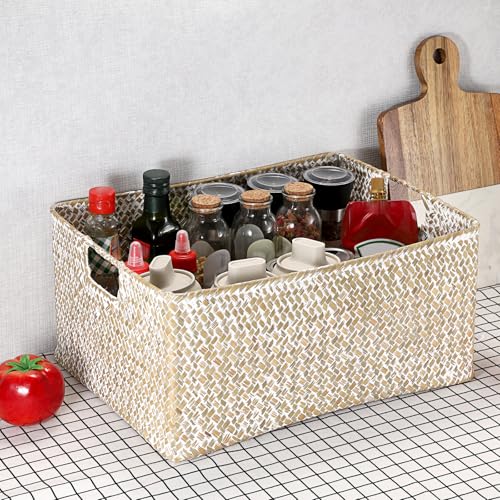 Hipiwe Seagrass Storage Basket Bin Rectangular Handwoven Wicker Storage Box with Handle Opened Baskets Box for Shelf Organizing Closet Bathroom, 15.7" L x 11.8" W x 7.5" H