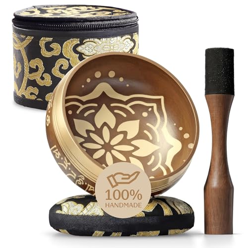 Silent Mind Tibetan Singing Bowl Set – Easy to Play & Beginner Friendly Meditation Bowl with Cushion, Mallet & Case | Stress Relief & Mindfulness | Gift-Ready - color: Matte Gold, size: With Case