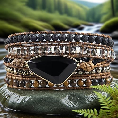 Boho Wrap Bracelet for Women, Handmade Natural Imperial Jasper Multi-Layer Stone Beaded Bracelet, Bohemian Healing Crystal Stone Jewelry Gifts - color: Obsidian