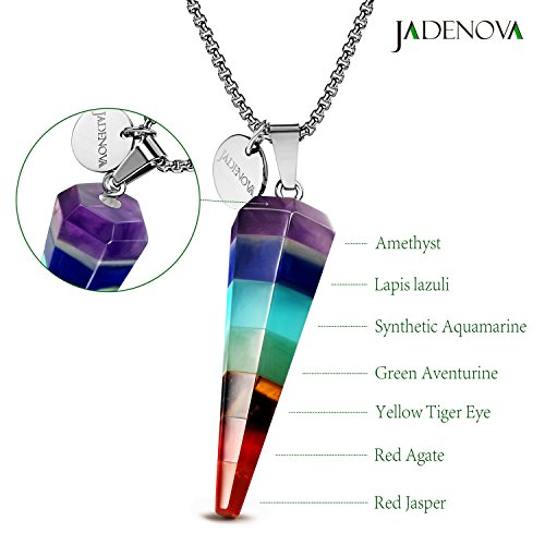 JADENOVA 7 Chakra Stones Necklace Gemstone Pendant Necklace Energy Healing Crystal Divination Pendulum For Women (Cone Hexagonal, 18 Inches Stainless Steel Chain) - style: Cone-shaped 7 Chakra Pendant Necklace