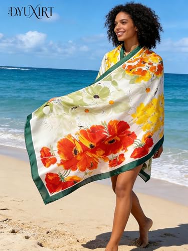 100% Mulberry Silk Oversized Women’s Sun-Shielding Shawl Formal Evening Neckwear Featherlight Airy - color: N28-vivid Bloom Scarf（69" X 21"inch）