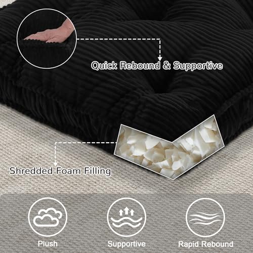 Meditation Floor Cushion Set of 2, 22x22 Tufted Floor Pillow for Adults, Square Large Meditation Cushion Pillow, Black Corduroy Sitting Pillow with Handle, Yoga Seating for Tatami