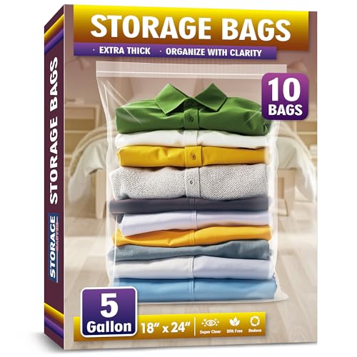 Extra Large 5 Gallon Zippered Plastic Bags for Storage- 18'' x 24'', Ideal for Clothes Clothing, Travel, Moving, 2-mil Thick Clear Plastic, 10 pack - size: 5 gal-10 pack