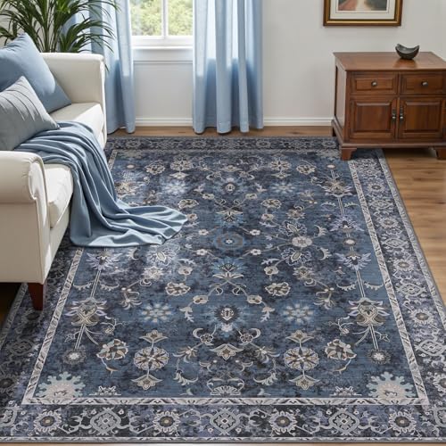 Tangsoo Washable Area Rugs 3x6 Non Slip, Boho Distressed Vintage Blue Floral Throw Rug for Bedroom Entryway, Soft Low Pile Floor Carpet Indoor Mat for Entrance Bedside Kitchen Nursery Office Farmhouse - color: Distressed Blue Black, size: 3' X 6' (Rectang
