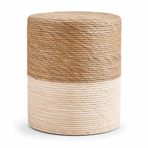 Ottoman Poufs, 100% Natural Seagrass Pouffe, Hand Weave Round Footstool with Wood Frame, Sitting Braided Footrest, Home Boho Decorative Seat, Accent Chair for Living Room, Bedroom - color: 14inch Natural Cattail & White Corn Shell