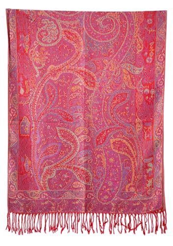 Achillea Reversible Paisley Pashmina Rave Scarf – Exotic Indian Shawls and Wraps for Evening Dresses, Festivals, All Seasons - color: Tapestry Red
