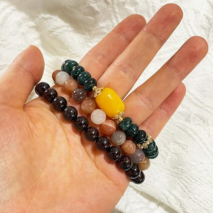 Beaded Strand Bracelets for Women Natural Green Crystal Stone Beads Stretch Bracelet with Yellow Stone Top Bead Attract Wealth and Health - color: Colorful Moonlight