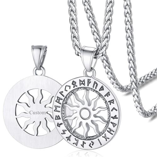 FaithHeart Norse Viking Rune Necklace with Adjustable Braided Leather/Stainless Steel Rope Chains for Men Women, Vintage Amulet Jewelry Gift with Delicate Box - color: 06. Sun Runes Circle-Silver (Personalized)