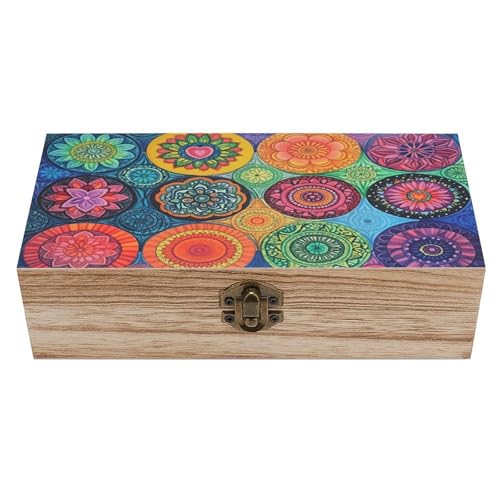 Colorful Circular Mandala Wooden Storage Box (7.9" X 3.9" X 2.3"),Vintage Wooden Jewelry Box with Hinged Lid Natural Wood Keepsake Storage Boxes, Decorative Rustic Organizer for Home Decor Crafts Ring - color: Colorful Circular Mandala
