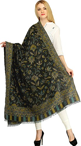 Exotic India Women Reversible Jamawar Wool Shawl with Woven Flowers | Ethnic Beautiful Floral Weave Stole, Dupatta - color: Black and Moss